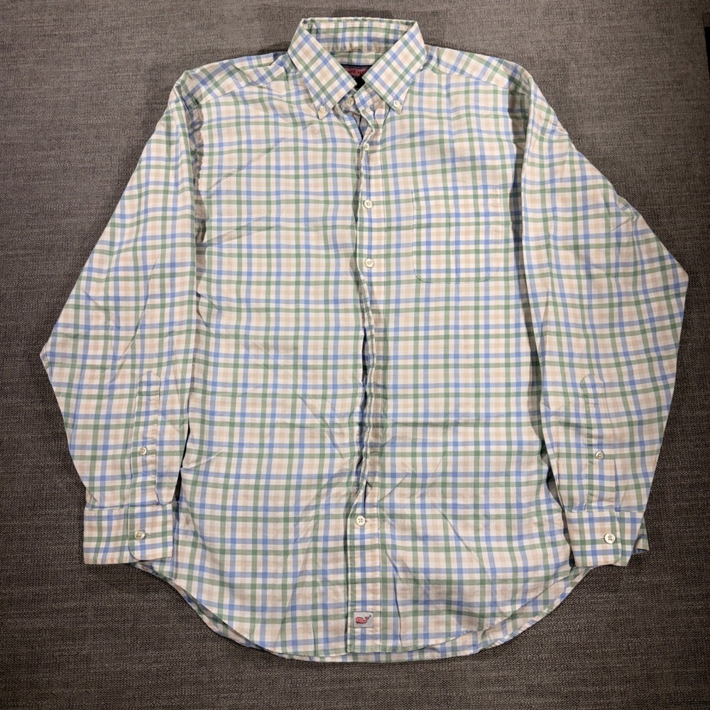 Vineyard Vines Murray Shirt Mens Medium Green Blue Plaid Good Cotton Button Down